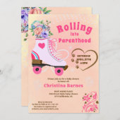 Invitation Fête prénatale bébé rétro floral sarcelle roller s (Devant / Derrière)