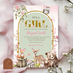 Invitation Fête Prénatale Boisée de Forêt Verte Sauge Rose