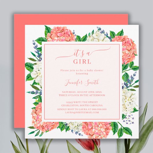 Invitation Fête Prénatale C'est Une Fille Hydrangea Rose Élég