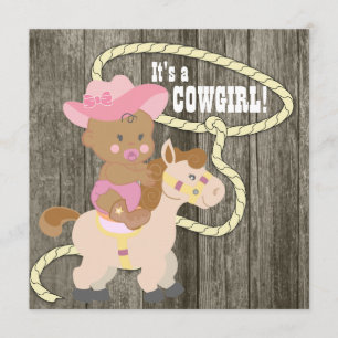 Invitation Fête Prénatale Cowgirl en Bois de Grange Rustique