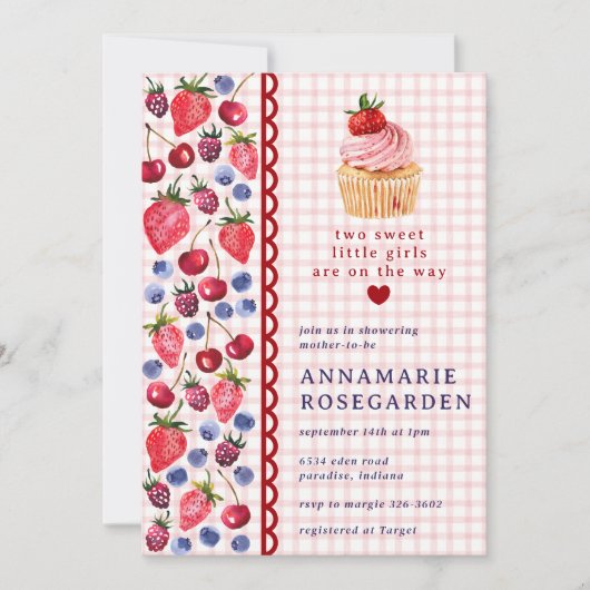 Invitation Fête prénatale Cupcake 007 Patch de Baie Rouge Béb (Devant)