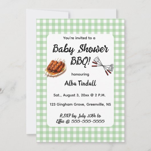 Invitation Fête Prénatale de Barbecue à carreaux verts éditab (Devant)