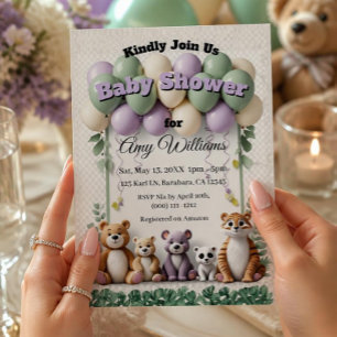 Invitation Fête Prénatale de Bébé aux Animaux de la Forêt Ver