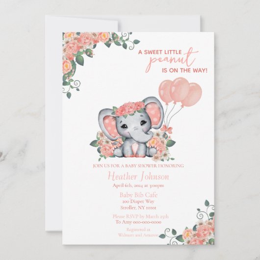 Invitation Fête Prénatale de Bébé Fille Éléphant (Devant)