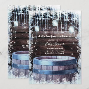 Invitation Fête prénatale d'hiver avec tonneau en bois rustiq