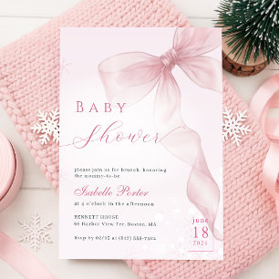 Invitation Fête Prénatale d'Hiver Ruban Rose Aquarelle