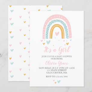 Invitation Fête Prénatale Fille Arc-en-ciel et Cœurs Pastel