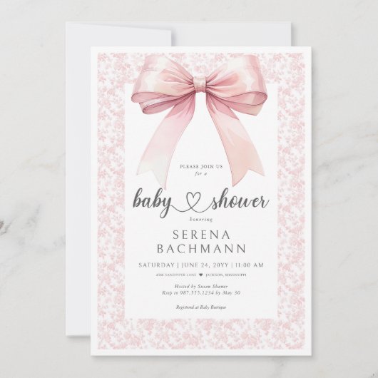 Invitation Fête Prénatale Fille Arc-en-Ciel Ruban Rose Toile (Devant)