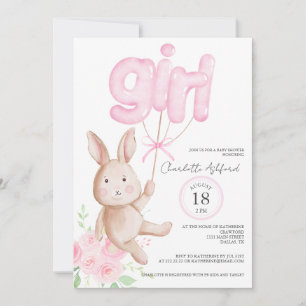 Invitation Fête Prénatale Fille Ballons De Lapin Aquarelle Fl