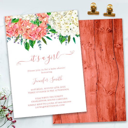 Invitation Fête Prénatale Fille Hydrangea Botanique Rustique