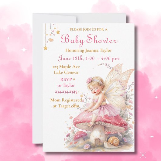 Invitation Fête Prénatale Fille Maison de Fée Rose & Or Core