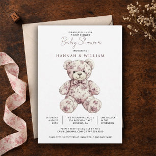 Invitation Fête Prénatale Fille Ourson Toile Rose
