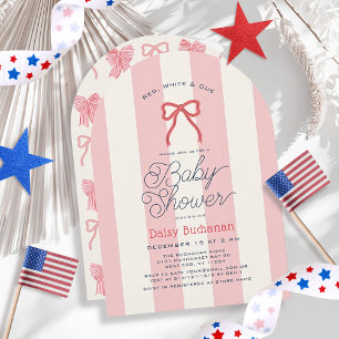 Invitation Fête Prénatale Fille Rayures Rouge Blanc & Bientôt