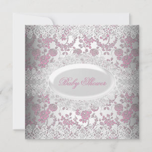 Invitation Fête Prénatale Fille Rose Vintage Broderie Dentell