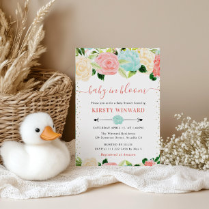 Invitation Fête Prénatale Fleurs Rose et Menthe à l'Aquarelle
