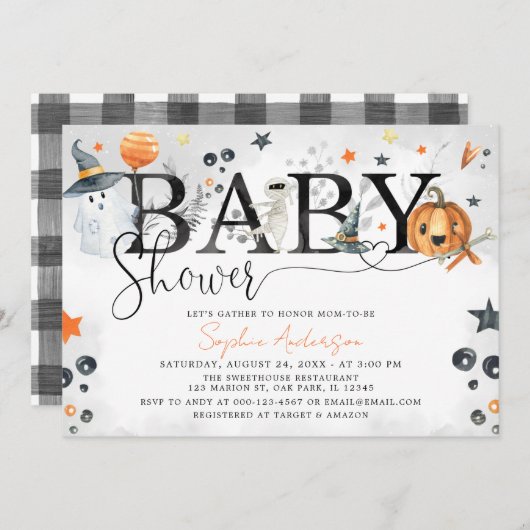 Invitation Fête Prénatale Halloween Bébé Citrouille Petit Fan (Devant / Derrière)