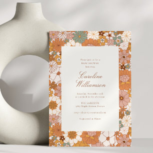 Invitation Fête Prénatale Moderne Fleur Terracotta Rétro Auto