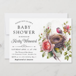 Invitation Fête Prénatale Nid de Printemps Oiseau Floral Aqua