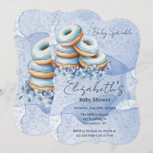 Invitation Fête Prénatale Oh Boy Blue Donuts Bébé (Devant / Derrière)