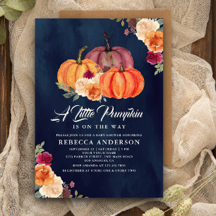 Invitation Fête Prénatale Orange Brûlé Floral Citrouille Bleu