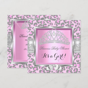 Invitation Fête prénatale pour bébé princesse Rose Gris Léopa