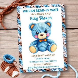 Invitation Fête prénatale pour garçon Ourson en crochet bleu
