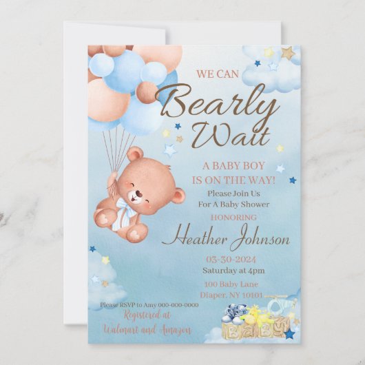 Invitation Fête prénatale pour un ourson (Devant)
