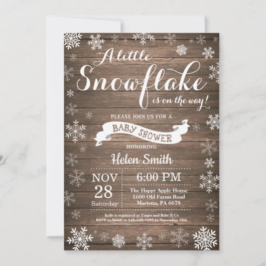 Invitation Fête Prénatale Rustique d'Hiver Flocon de Neige Bl (Devant)