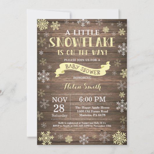 Invitation Fête Prénatale Rustique d'Hiver Flocon de Neige Ja (Devant)