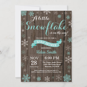 Invitation Fête Prénatale Rustique Hiver Flocon de Neige Aqua