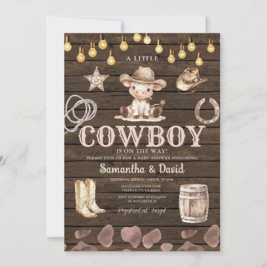 Invitation Fête prénatale Stringlight Cowboy est en route Béb (Devant)