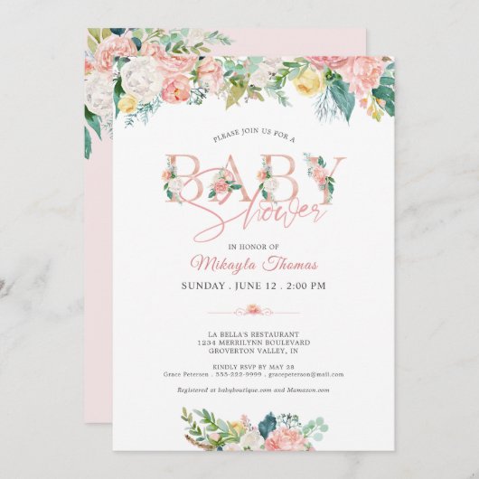 Invitation Fête Prénatale Typographie Rose Gold Rose Foncé Fl (Devant / Derrière)