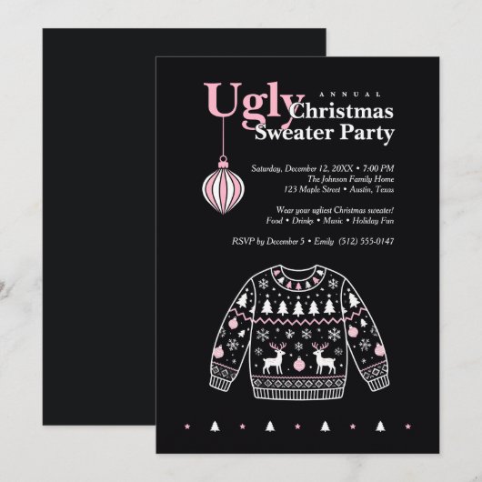 Invitation Fête Pull de Noël Moche Noir Rose TMF26 (Devant / Derrière)