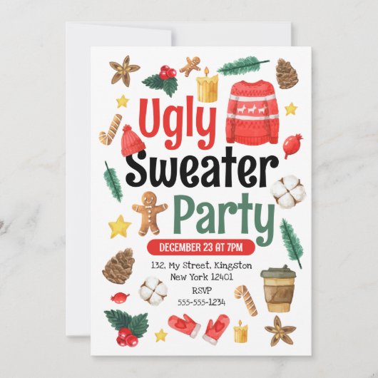 Invitation Fête Pull Moche de Noël Aquarelle (Devant)