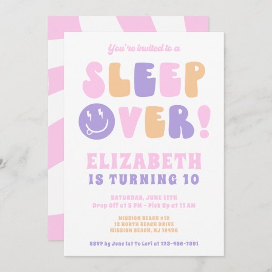 Invitation Fête Pyjama Filles Rétro (Devant / Derrière)