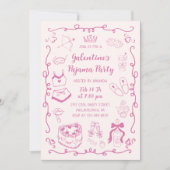 Invitation Fête Pyjama Galentine Rose Féminin Dessinée à la M (Devant)