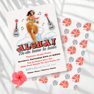 Invitation Fête Rétro Fille Hula Luau Hawaïen