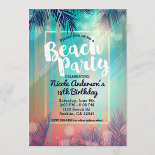 Invitation Fête rétro sur la PLAGE Palmiers ensoleillés Anniv