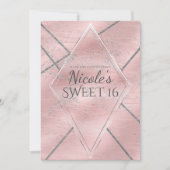 Invitation Fête Rose & Argent Satin Pailleté Glamour Douce 16 (Devant)