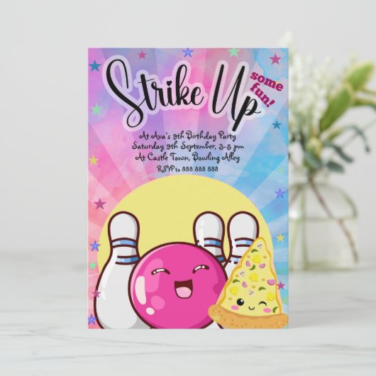 Invitation Fête Rose Bowling Tie Dye pour Filles (Debout devant)