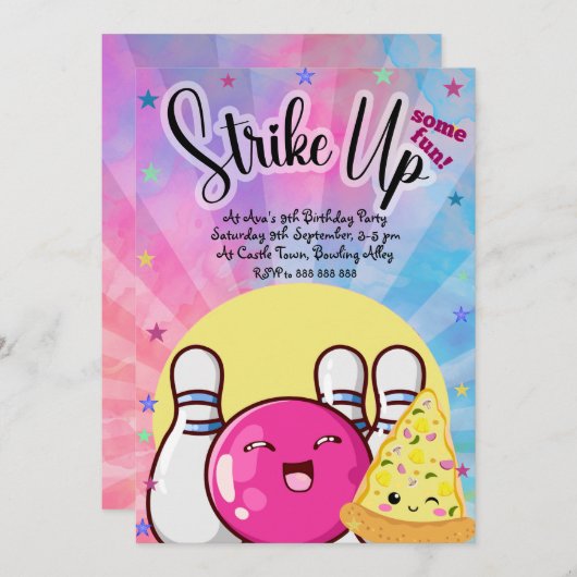 Invitation Fête Rose Bowling Tie Dye pour Filles (Devant / Derrière)