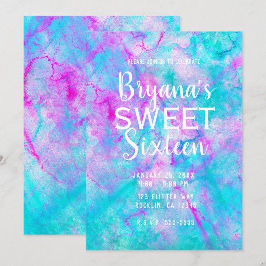 Invitation Fête Rose et Bleu pastel de 16 Ans Douce Aquarelle (Devant / Derrière)