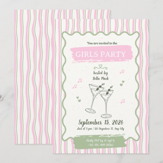 Invitation Fête Rose Fille Mignonne (Devant / Derrière)