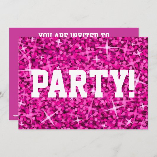 Invitation "Fête" rose Glitz ! texte blanc d'invitation (Devant / Derrière)
