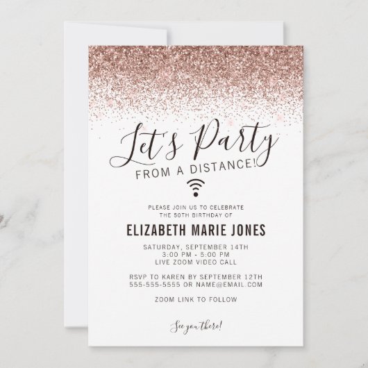 Invitation Fête Rose Gold Parties scintillant Virtual Anniver (Devant)