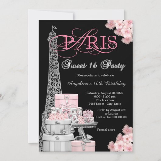 Invitation Fête Rose Paris Sweet 16 (Devant)