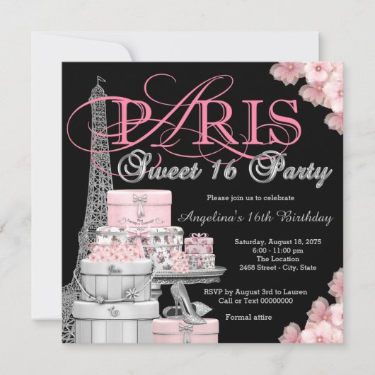 Invitation Fête Rose Paris Sweet 16 (Devant)