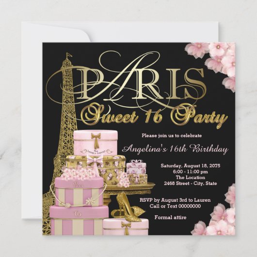 Invitation Fête Rose Paris Sweet 16 (Devant)