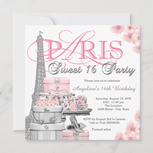 Invitation Fête Rose Paris Sweet 16 (Devant)