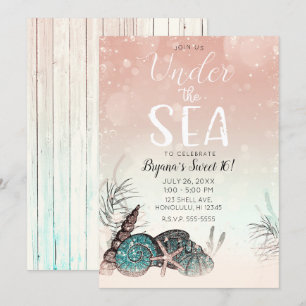 Invitation Fête rose pour les 16 ans sous les coquillages de